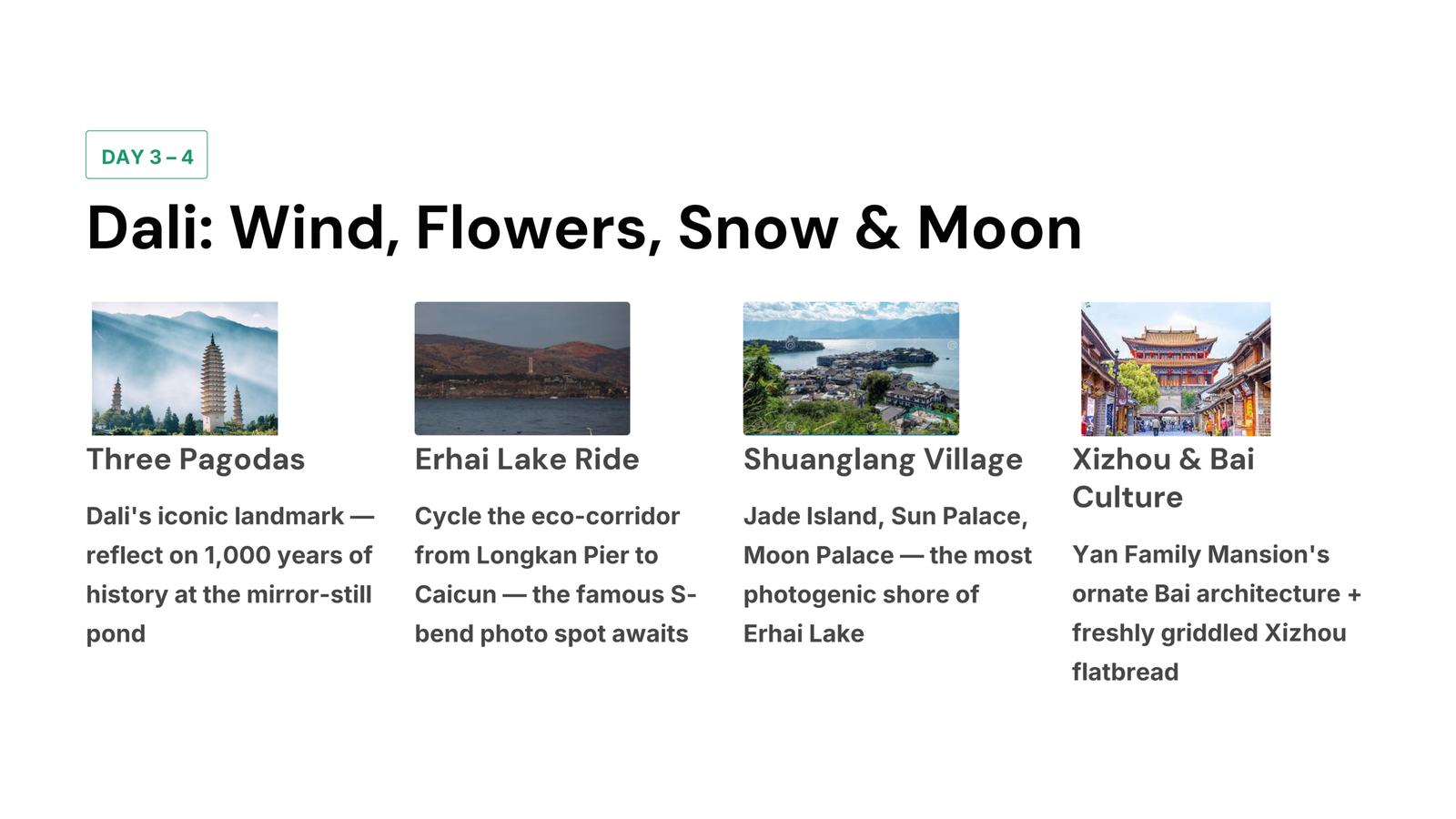 Travel itinerary highlights for Dali